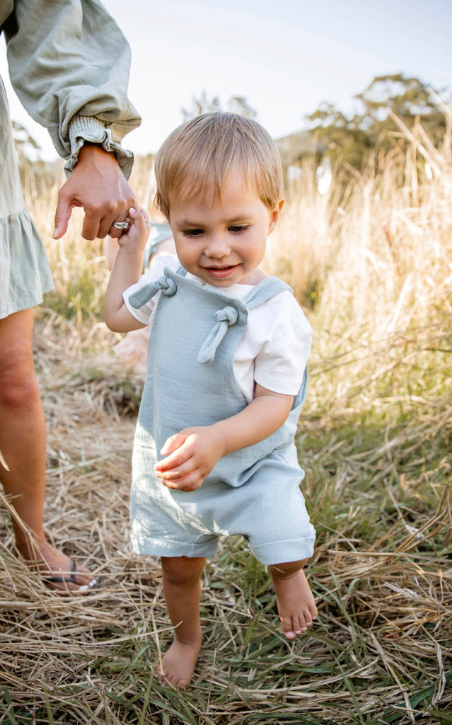 Handmade in Coffs Harbour, NSW, Australia, these muted blue green ‘sea glass ’ overalls have been thoughtfully designed for growing children. Made with a gusset crutch for a comfy fit and adjustable tie shoulder straps for prolonged wear. 